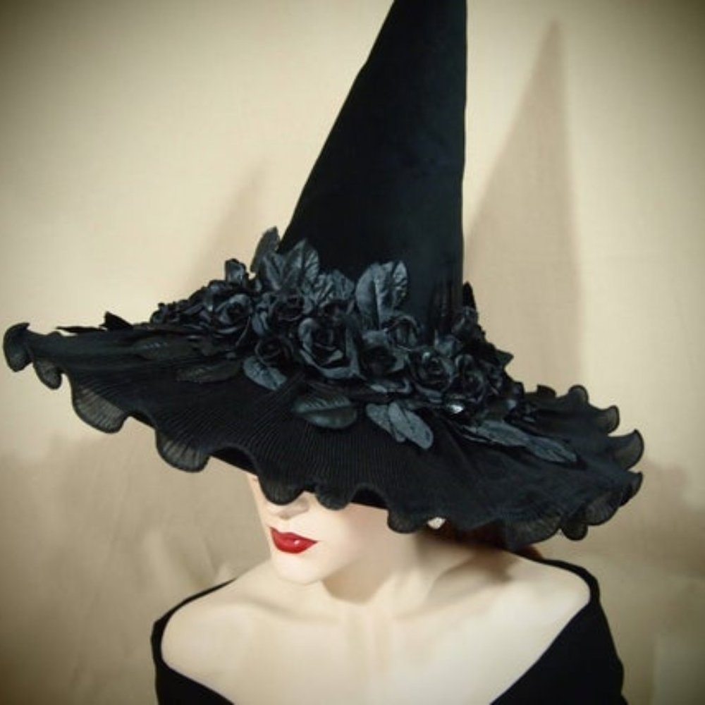 Couture Witch Hat Roses and Lace Black